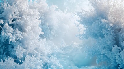 Fototapeta premium 2. An enchanting 3D rendering of an abstract winter scene, showcasing warped ice formations and frosted trees, enveloped in a soft, misty ambiance that evokes a sense of wonder