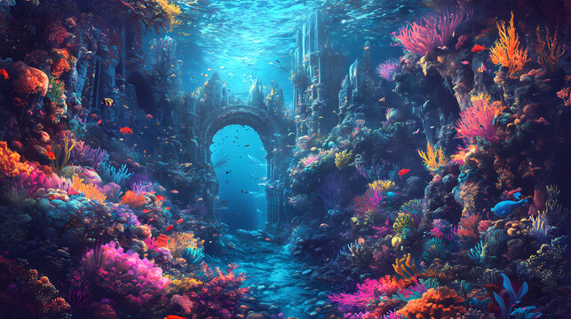 Underwater kingdom, glittering underwater kingdom ruled by merfolk amidst colorful coral reefs and exotic sea Merfolk Kingdom. Illustration