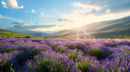 Fototapeta premium Lavender field bathed in the golden light of sunset with mountains in the background.