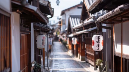 Naklejka premium Vibrant Urban Oasis, a lively Japanese-inspired cityscape with traditional architecture, serene gardens, bustling streets, and a harmonious blend of modernity and culture.