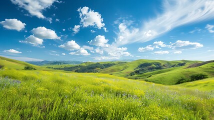 Obraz premium Stunning view of a lush green meadow framed by rolling hills and a bright blue sky dotted with puffy white clouds.