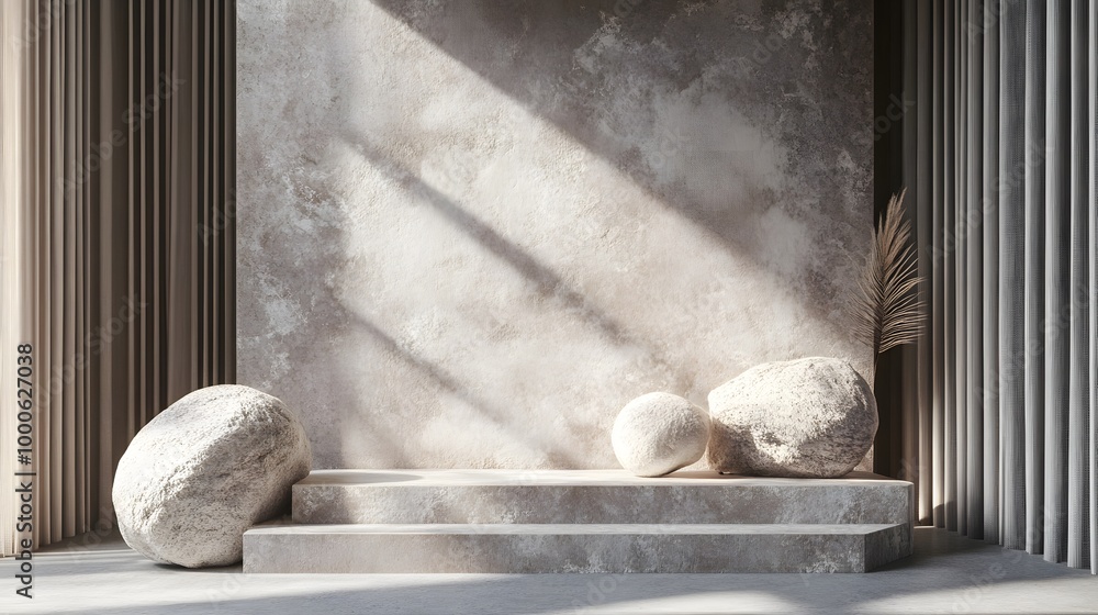 Poster 1. a minimalist 3d rendering featuring pastel geometric stone and rock shapes, creating an elegant b