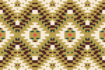 Pixel Ethnic Ikat Print Patternfolk Embroidery, Aztec Geometric Ornament Print. Design for Carpet, Wallpaper, Clothing, Wrapping, Fabric