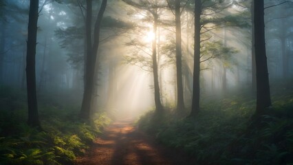 Naklejka premium Sunlight Filters Through Trees in a Misty Forest Creating a Serene Pathway at Dawn