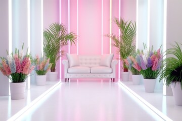 Futuristic Pink Neon Living Room with White Couch and Plants