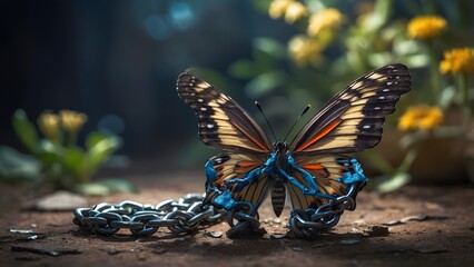 A Vibrant Butterfly Resting Amidst Flowers, Symbolizing Freedom Despite Being Bound by Chains