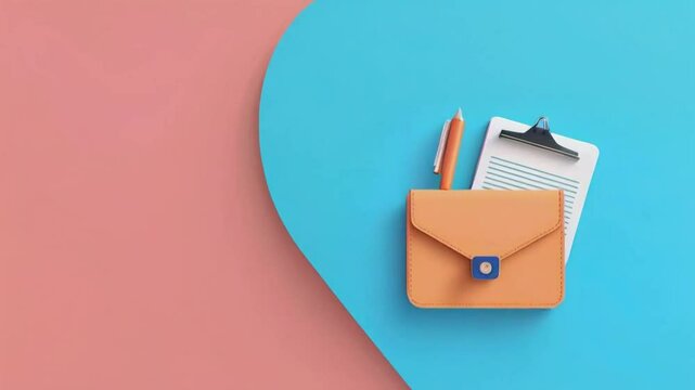 An orange envelope with a pen and notepad on a colorful background.