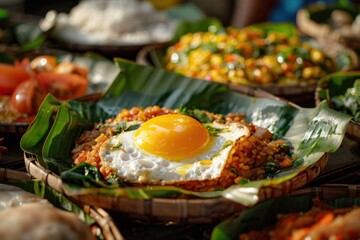 Delicious Fried Rice with a Sunny Side Up Egg, Savory Asian Rice Dish with Vegetables and Egg Yolk Served on a Banana Leaf