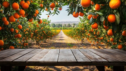 1. An empty wooden table set against a vibrant background of orange trees, with lush orange fields stretching into the distance, providing a perfect free space for product display