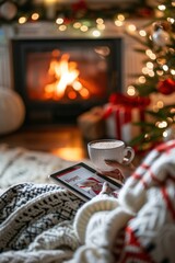 Cozy Cyber Monday Shopping Scene by Fireplace with Tablet, Hot Cocoa, and Christmas Decorations