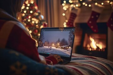 Cozy Holiday Living Room with Family Shopping Online During Cyber Monday by a Warm Fireplace