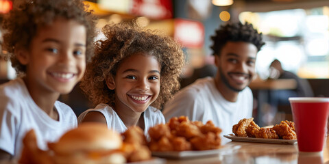 A family of happily eating at the fast-food restaurant, generative AI