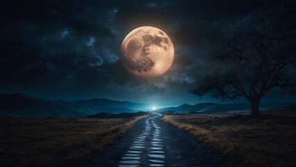 Fototapeta premium A Tranquil Nighttime Landscape Featuring a Bright Full Moon Illuminating a Winding Path Through the Countryside