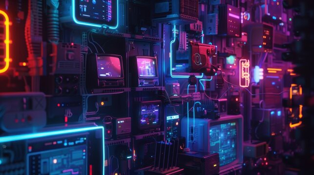 Cyber Week Online Sale Featuring Futuristic Electronic Gadgets with Vibrant Neon Colors