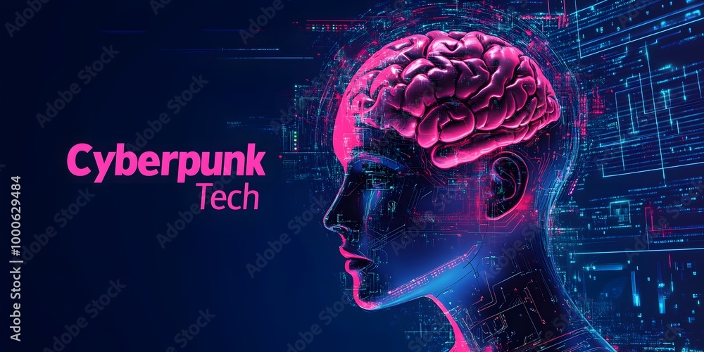 Poster Abstract digital robot head with AI text brain and colorful glowing holographic futuristic technological elements on a dark blue background