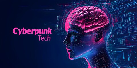 Abstract digital robot head with AI text brain and colorful glowing holographic futuristic technological elements on a dark blue background