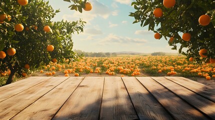 3. A charming empty wood table overlooking a sprawling field of orange trees, bathed in warm sunlight, offering an ideal montage space for product presentations