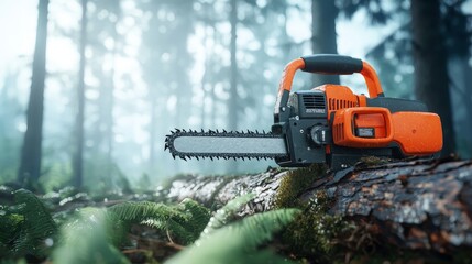 Fototapeta premium Chainsaw on Log in a Misty Forest Setting
