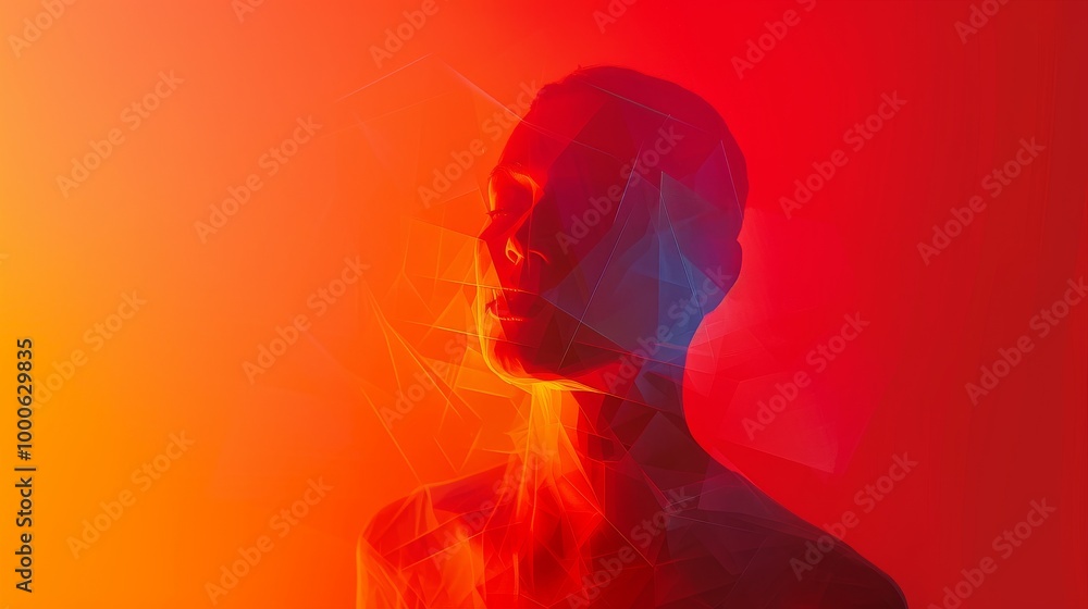 Poster a digitally created abstract portrait of a person bathed in red and orange light. the subject's face