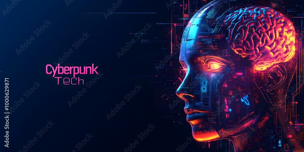 Poster abstract digital robot head with ai text brain and colorful glowing holographic futuristic technolog