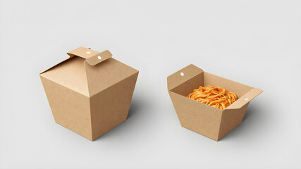 Takeout containers with pasta on a neutral background