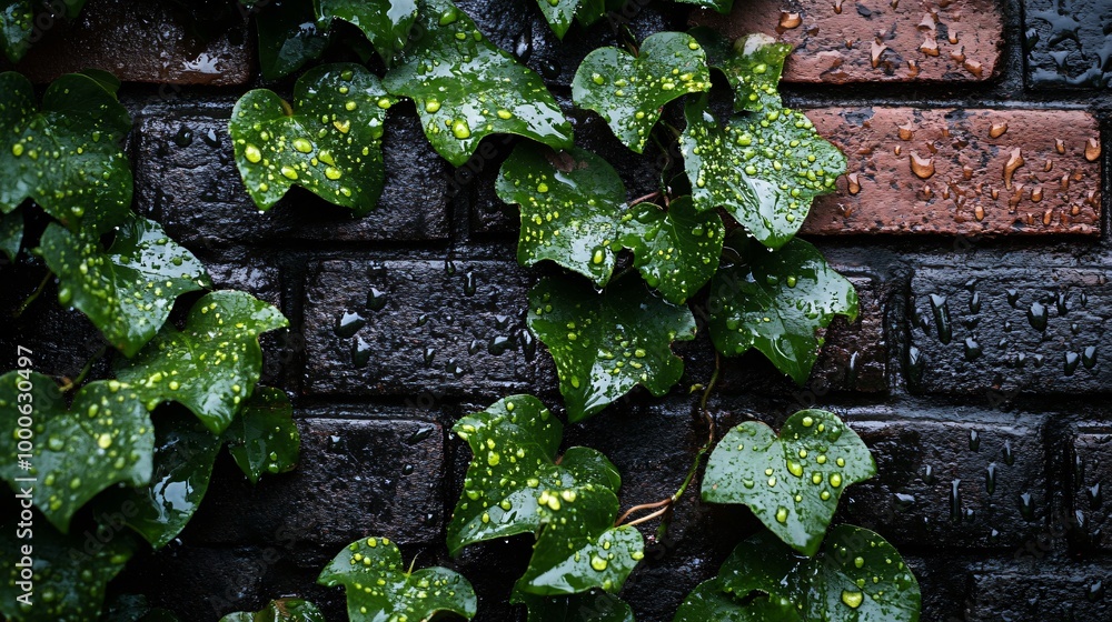 Sticker Green leaves with raindrops on brick wall.