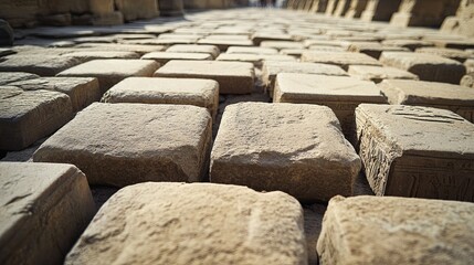 A close-up view of ancient stone paving, showcasing weathered textures and patterns in a historical setting.