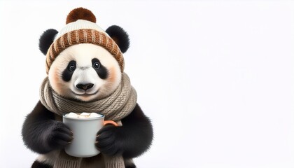Panda in winter hat enjoys hot drink