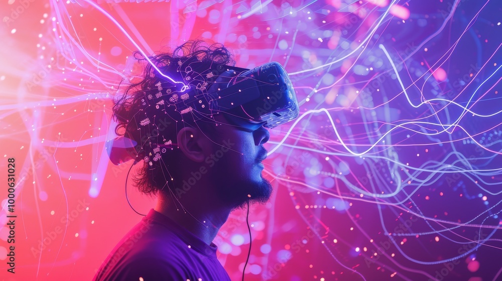 Poster a dynamic image of a man immersed in a virtual reality experience, with vibrant light trails swirlin