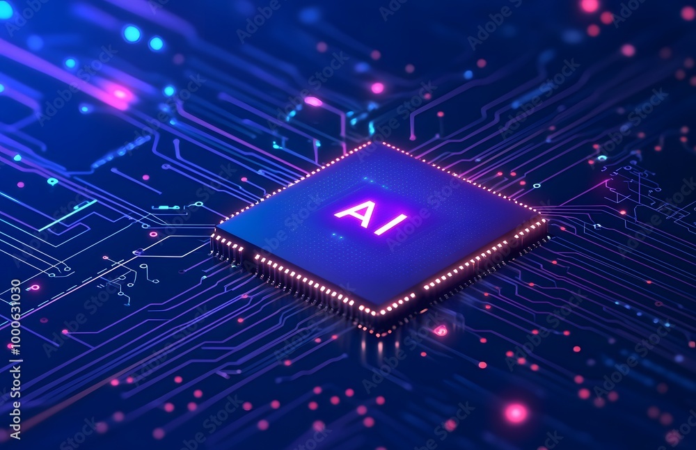 Poster abstract futuristic background with a chip and the text ai on a blue digital circuit board, an ai te