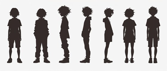 Anime character sheet silhouettes featuring a young student, showcasing diverse poses and expressions, ideal for character design reference and creative inspiration.