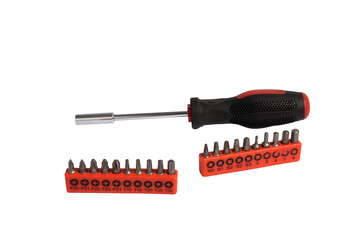 Fototapeta premium Close up screwdriver with replaceable heads isolated on a white background cutout, Set of screwdriver bit from steel with plastic red black handle. Multiple head sets