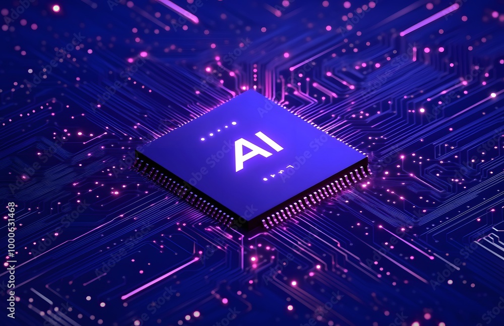 Poster abstract futuristic background with a chip and the text ai on a blue digital circuit board, an ai te