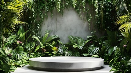 1. A sleek concrete podium set in a lush tropical forest, surrounded by vibrant green foliage and a textured green wall, creating an ideal backdrop for product presentation in a natural setting