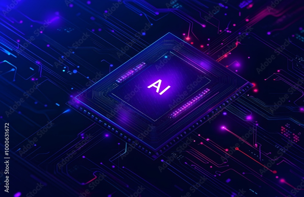 Poster abstract futuristic background with a chip and the text ai on a blue digital circuit board, an ai te