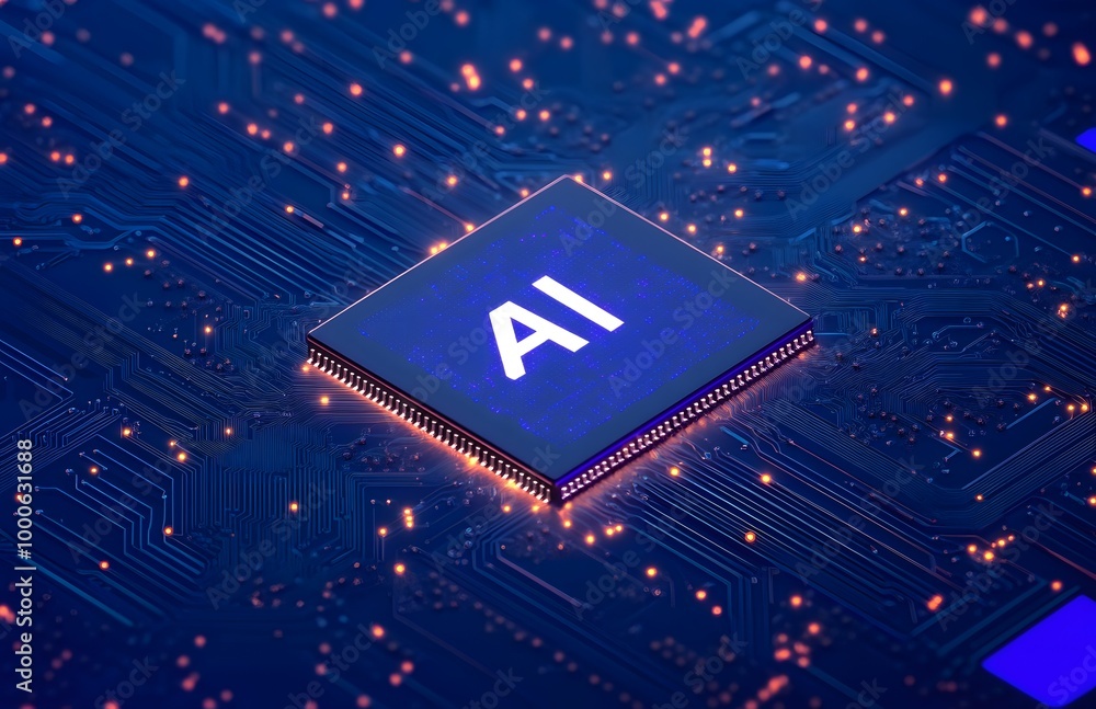 Poster abstract futuristic background with a chip and the text ai on a blue digital circuit board, an ai te