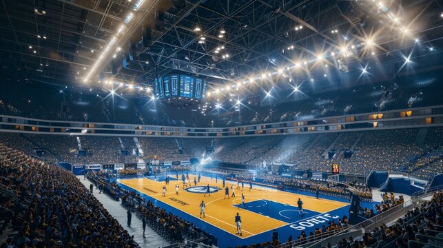 Sold Out Arena with Spectators Watching National Basketball Tournament Match. Teams Play, Diverse Crowds of Fans Cheer. Sports Channel Live Television Broadcast. Establishing Wide High Angle Footage