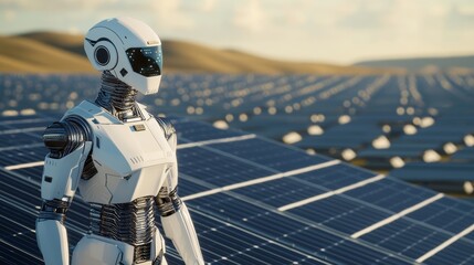 Futuristic Robot in Solar Farm Landscape