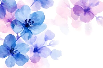 Abstract watercolor background with blue and purple flowers, vector illustration on a white background. Pastel colors, 