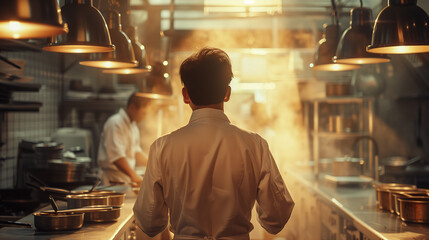 Fototapeta premium Chef standing in a busy restaurant kitchen with industrial lighting and focused atmosphere