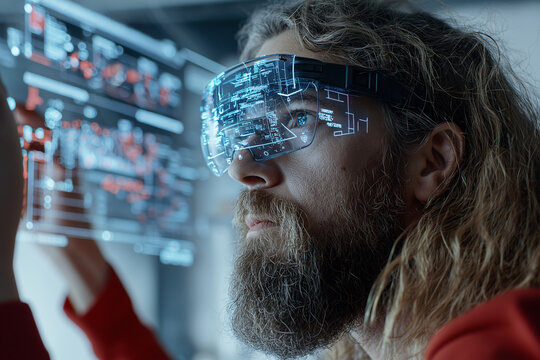 A holographic AI teacher is explaining complex concept to focused individual wearing advanced augmented reality glasses. scene captures blend of technology and education, showcasing innovation - Powered by Adobe