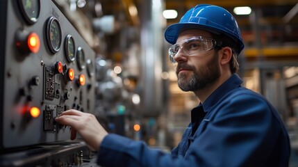 Male engineer in blue hard hat and safety glasses operating an industrial control panel in a factory, focusing on precise adjustments. Engineering and industrial control systems concept