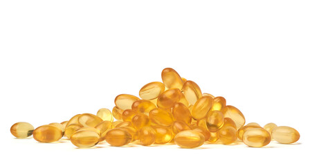 pile of fish oil capsules or pills isolated white background, dietary supplements rich in omega 3 fatty acids scattered