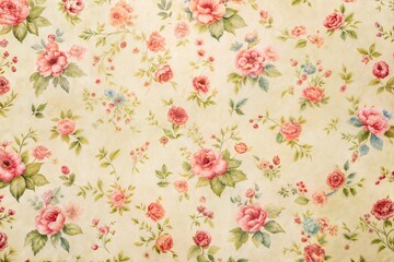 Vintage floral pattern with pink roses and leaves on cream background