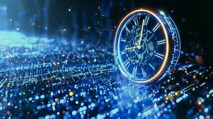 A futuristic clock surrounded by glowing digital elements and vibrant particles. - Powered by Adobe