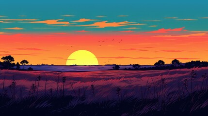 Obraz premium A Vibrant Sunset Over a Field of Tall Grass