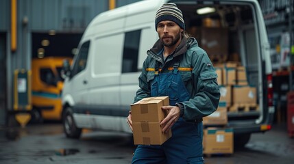 white van is parked in front of the warehouse and an employee in blue overalls carries cargo boxes .