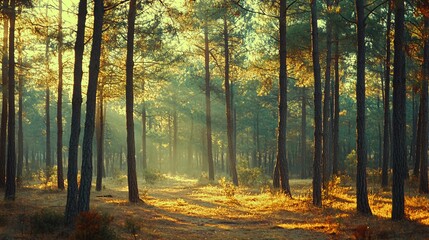 Obraz premium A sunlit path winds through a dense pine forest, with warm golden light illuminating the trees and ground.