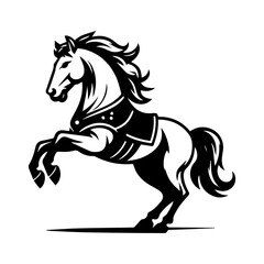 black and white logo of a running horse wearing a vest