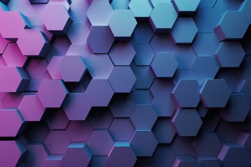 Futuristic Abstract Hexagonal Pattern with 3D Geometric Shapes and Vibrant Purple and Blue Gradient Background